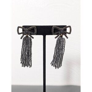 Black Beaded Bow‎ Tassel Statement Earrings Gothic Coquette Pierced